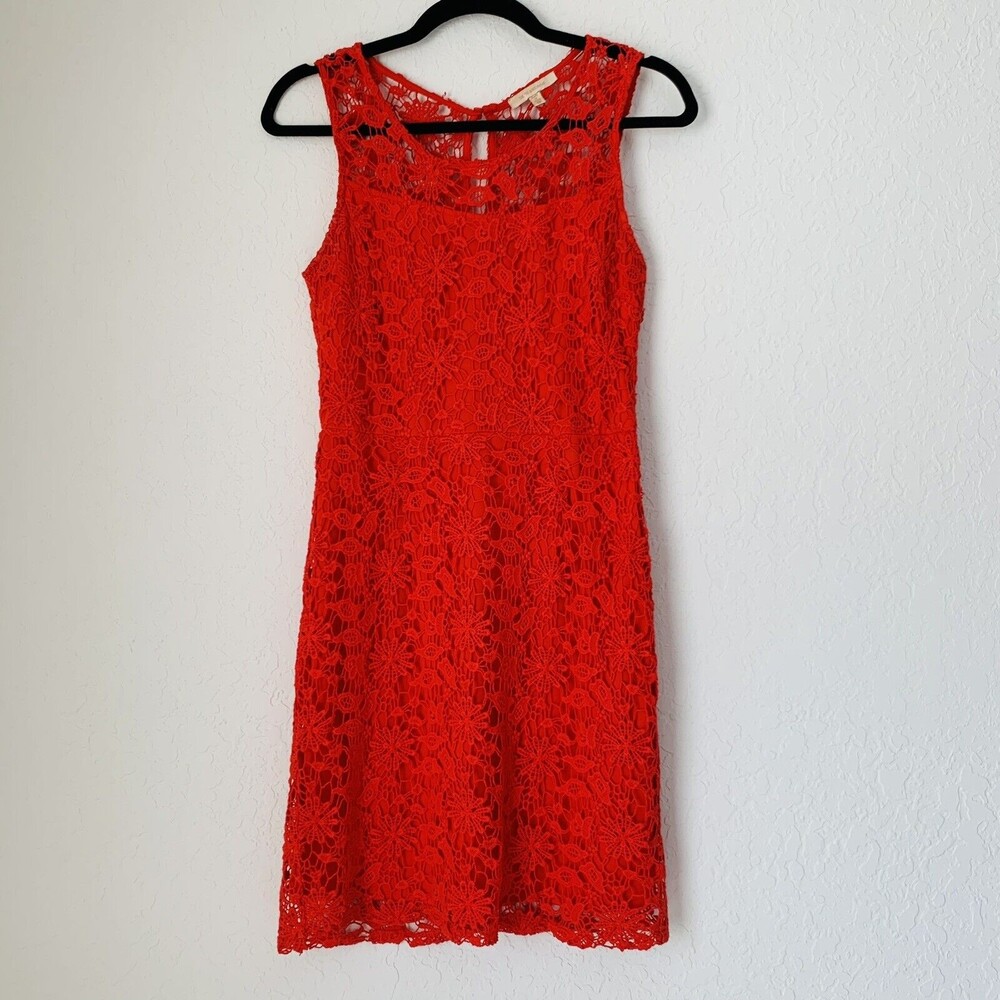 Skies‎ Are Blue Dress XS Red Crochet Lace Mini Sleeveless Summer Colorful Preppy